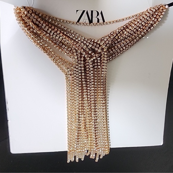 ZARA Rhinestone Necktie Necklace Goldtone NWT - Picture 2 of 9